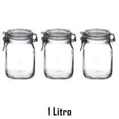 Imagem de 3 Potes Com Fechamento Hermético 1 Litro ( 1000Ml ) Fido Rocco Bormioli De Vidro Transparente Quadrado
