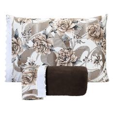 Imagem de Jogo de Lençol Queen Manta Soft com Elástico 3 Peças- Flores Marrom
