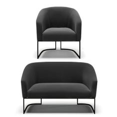 Imagem de Sofá Namoradeira e Poltrona Base Industrial Preto Stella Suede Preto D03 - D'Rossi