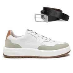 Imagem de Tênis De Couro Democrata Masculino Denim Drake Pulse 600101 + Cinto Dupla Face-Masculino