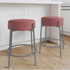 Imagem de Kit 02 Banquetas Alta Sintra 65cm Redonda Ferro Cinza Suede Rose - Ahazzo Móveis