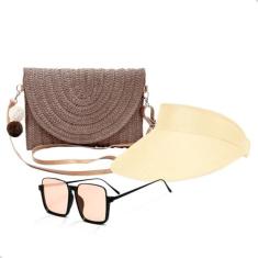Imagem de Kit Bolsa de Palha Feminina + Viseira Solar e Óculos de Sol Grande Verão Piscina Moda Praia (Marrom)