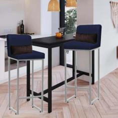 Imagem de Kit 02 Banqueta Alta com Encosto Lucca Industrial Cozinha Balcão Ferro Prata Suede Azul Marinho e Almofada Marrom - Ahazzo Móveis