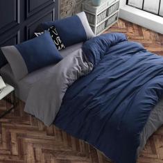 Imagem de Jogo De Cama Casal Super King Marinho/Cinza 7Pç Com Edredom - Casa Da