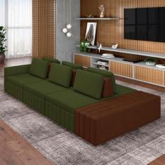 Imagem de Sofá Ilha com Encosto e Almofadas Móveis Olimpo 395cm Modulado Linho/PU Verde/Marrom G45 - Gran Belo