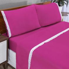 Imagem de Jogo De Lençol Casal King Microfibra Com Lese 04 Peças Pink - Bordados