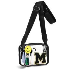 Imagem de Jouierty Bolsa transversal transparente aprovada pelo estádio, bolsa de ombro com letras de chenille com alças ajustáveis, Preto