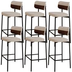 Imagem de Kit 06 Banquetas Alta Bar Cozinha Sala De Jantar Aço Preto Kaira C01 Linho Areia Courino Whisky - Lyam Decor