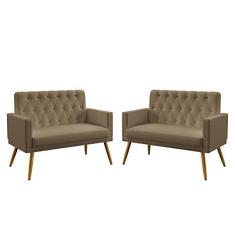 Imagem de Kit 2 Poltronas Namoradeiras Nina Com Rodapé E Botões Capitonê Sued Capuccino Aradecor