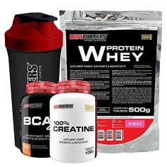 Imagem de Kit Whey Protein 500g Morango + BCAA 4,5 100g + Power Creatine 100g + Coqueteleira – Bodybuilders
