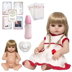 Imagem de Boneca Tipo Reborn Recem Nascida Loira Completa + Acessórios - Cegonha