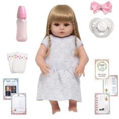 Imagem de Boneca Reborn Loira Olho Castanho Vestido Branco 13 Itens - Cegonha Re