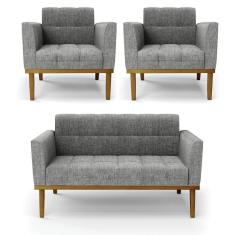 Imagem de Sofá Namoradeira E 2 Poltronas Base Madeira Castanho Elisa Linho D03 - D'rossi Cor A26 Grafite