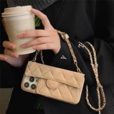 Imagem de Capa de telefone com corrente de cordão ajustável crossbody para iPhone 15 14 13 Pro Max Carteira com slot para cartão com suporte de treliça capa de couro, cáqui, para iPhone 14 Pro