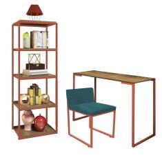 Imagem de Kit Escritório Ravi 1 Cadeira Suede Azul Turquesa com 1 Mesa e 1 Livreiro Ferro Bronze MDF Carvalho - Ahazzo Móveis