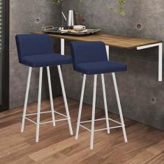 Imagem de Kit Mesa Suspensa de Parede Fixa MDF Rústico + 2 Banquetas Lexi Ferro Branco Sintético Azul Marinho - Ahazzo Móveis