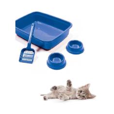 Imagem de Kit Para Gato Bandeja Pá Comedouro Bebedouro Azul Power Pets