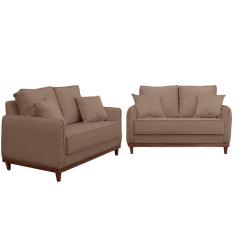 Imagem de Kit Sofa Sena 2 E 3 Lugares Base De Madeira Para Sala Hotel Linho Marrom