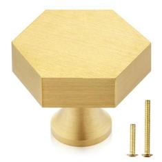 Imagem de QOGRISUN Pacote com 10 puxadores de armário de latão maciço, puxadores hexagonais dourados para gaveta de cômoda, diâmetro de 3,5 cm, ferragens de cozinha modernas, acabamento em latão escovado