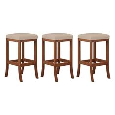 Imagem de Kit 3 Banquetas Média Estofada Barcelona 38x64Cm Bancada Madeira Maciça Castanho Suede Bege - CCS