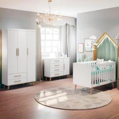 Imagem de Quarto de Bebê Retrô Ludmila Berço 3 em 1 Guarda Roupa Cômoda Infantil Branco Carolina Baby