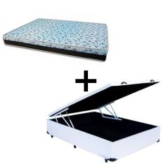 Imagem de Cama Box Baú Viúva 128 - Tecido Sintético Branco com Colchão Berlim Bello Box - D23 Azul 58x128x188cm