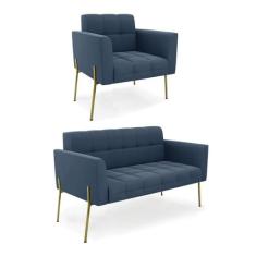 Imagem de Sofá Namoradeira e Poltrona Pé de Ferro Dourado Elisa Suede Azul Marinho D03 - D'Rossi