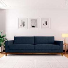 Imagem de Sofá 3 Lugares 240cm Movie Estilo Moderno Linho Pés em Madeira Maciça Azul Jeans