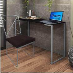 Imagem de Kit Escritório Clark Cadeira e Mesa Industrial Ferro Prata Tampo MDF Preto Corino Marrom - Ahz Móveis