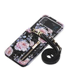Imagem de Capa transversal para celular para Samsung Galaxy Z Flip 4 3 5G Flip4 Flip3 Retrô Rose com slot para cartões Capa de couro com cordão, preta, para Galaxy Z Flip3 5G