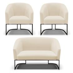 Imagem de Sofá Namoradeira e 2 Poltronas Base Industrial Preto Stella Linho Bege A19 D03 - D'Rossi