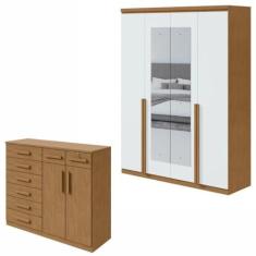 Imagem de Conjunto de Guarda-roupa Alonzo 4 portas com espelho e Cômoda Toronto Amêndoa Clean/branco
