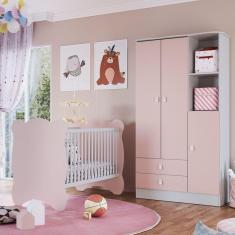 Imagem de Quarto de Bebê Completo Berço com Guarda Roupa 3 Portas 2 Gavetas 2 Nichos Algodão Doce Móveis Perca Branco/Rosa