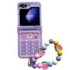Imagem de GO-VOLMON Capa para Samsung Galaxy Z Flip 6, design criativo fofo com alça de contas Kawaii, capa de telefone retrô para Galaxy Z Flip 6 protetor de dobradiça PC rígido, capa de pulseira feminina