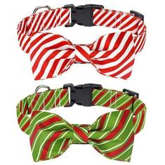 Imagem de Malier Pacote com 2 coleiras de natal para cães com gravata borboleta, coleira de natal clássica para cachorro de listras para meninas e meninos, coleiras de cachorro ajustáveis fofas para cães pequenos, médios e grandes gatos animais de estimação