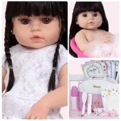 Imagem de Boneca Reborn Morena 100% Vinil Siliconado Kit Acessórios - Cegonha Re