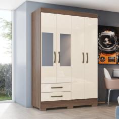 Imagem de Guarda-roupa Solteiro 4 Portas 2 Gavetas com Espelho B12 Castanho HP/Off White