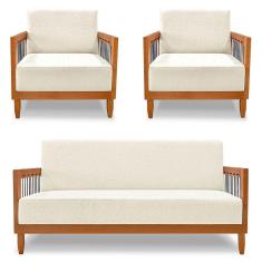 Imagem de Kit 2 Poltronas e Sofá Living 2 Lugares Marilia 1,60m Linho Natural Base em Madeira Castanho - Pallazio