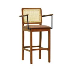 Imagem de Banqueta Alta Bistrô Lyon C Braços Madeira Maciça Encosto Telinha  Assento Estofado Sintético Amêndoa/Marrom