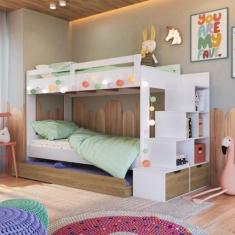 Imagem de Cama Treliche Infantil Com Escada E Nichos E Cama Auxiliar Branco Marr