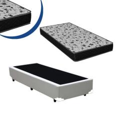 Imagem de Cama Box Solteiro Colchão Espuma D45 Bordado + Box Sintético Branco 47x88x188