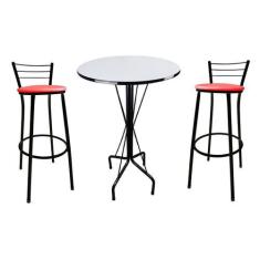 Imagem de Kit Mesa Bistrô Preto Tampo Branco 2 Banquetas Preto Assento Vermelho 
