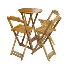 Imagem de Kit Mesa Bistrô Dobrável Em Madeira Maciça Com 3 Banquetas Altas - Mel - Marrom