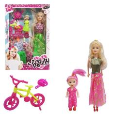 Imagem de Boneca Troca Roupa Vestido Mae E Filha Com Bicicleta 7 Peças