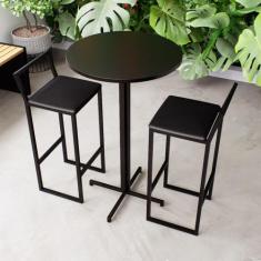 Imagem de Conjunto Mesa Alta Bar Bistrô Redonda Preta 2 Banquetas Confort Estofa