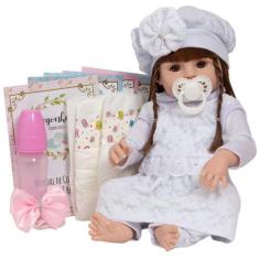Imagem de Boneca Tipo Reborn Gatinha Fofa Vestido Branco 13 Acessórios - Cegonha