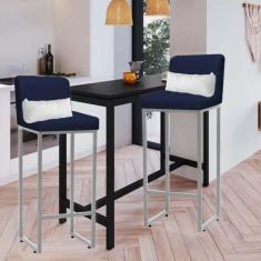 Imagem de Kit 02 Banqueta Alta com Encosto Lucca Industrial Cozinha Balcão Ferro Prata Sintético Azul Marinho e Almofada Branco - Ahazzo Móveis