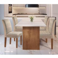 Conjunto de Jantar Amélia C/ Mesa de Jantar 160cm x 90cm C/ Tampo em Laca e  Vidro Off White / Castanho + 6 Cadeiras C/ Encosto Linho Cinza / Castanho -  attraktiva