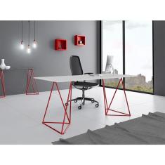 Imagem de Escrivaninha Bela Vista Cavalete Tampo Branco Base Ferro Vermelho
