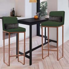 Imagem de Kit 02 Banqueta Alta com Encosto Lucca Industrial Cozinha Balcão Ferro Bronze Suede Verde e Almofada Cinza - Ahazzo Móveis